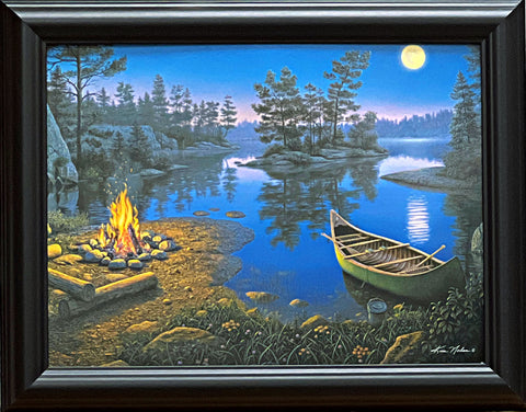 Kim Norlien Moonlight Bay Decorator Lake Canoe Fire Art Print-Framed  14 x 11