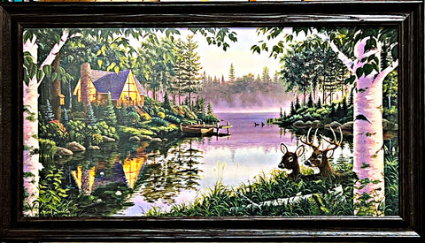 Mark Daehlin Paradise Bay Deer Cabin Art Print Framed 37 x 21