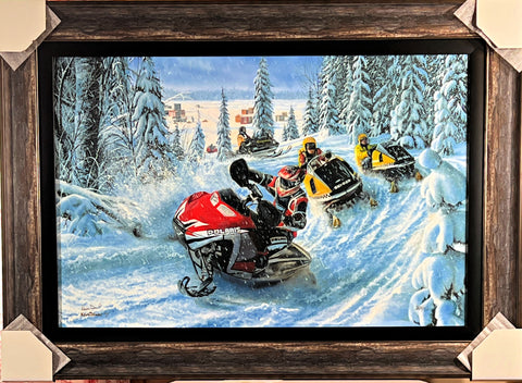 Kevin Daniel Sled Heads Snowmobiles Ice fishing Art Print Framed 36 x 26