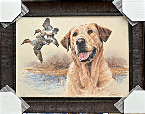 Jim Killen In The Marsh Yellow Lab with Duck Hunting art print-Framed 22.5 x 17.5