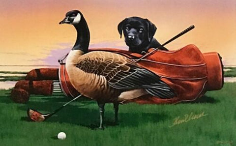 Phillip Crowe The Club Pro Goose Black Lab Puppy Golfing Print Signed