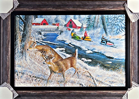 Kevin Daniel On the Run Snowmobile Deer Art Print-Framed 36 x 26