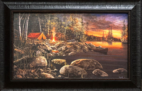 Jim Hansel Twilight Fire Camping Art Studio Canvas Framed 22 x 14