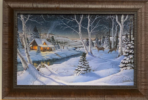 Mark Daehlin A Winters Night Deer Cabin Art Print-Framed 19 x 13