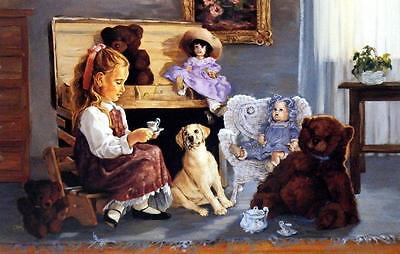 Linda Budge "Tea Party" Dog Teddy Bear and Girl Art Print  12" x 7.75"