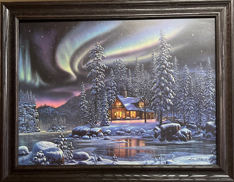 Kim Norlein Aurora Bliss Cabin Lake Art Print 28 x 22