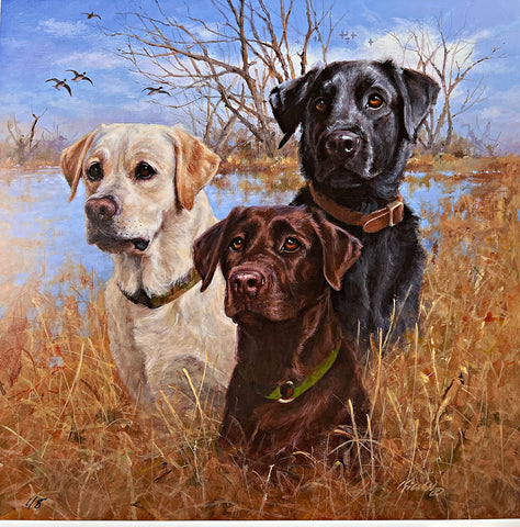 Jim Killen Marsh Trio DU S/N A/P Lab and Duck Hunting Art Print 15 x 15