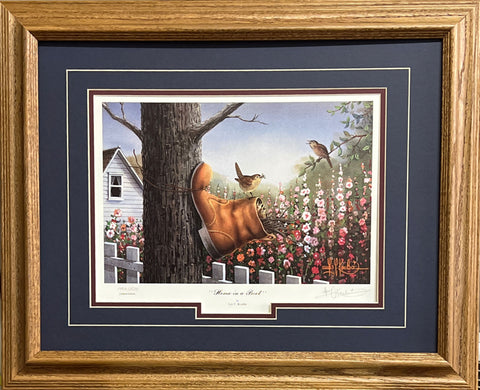 Les Kouba Framed Bird and Flower SN Art Print Home in a Boot 21 x 17