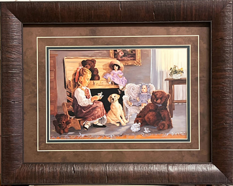 Linda Budge Framed and Matted Children/Puppy Art Print Tea Party (19"x15")