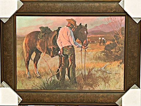 Tom Ryan Sharing a Apple Cowboy Horse Western Art Print-Framed 27 x 20.5