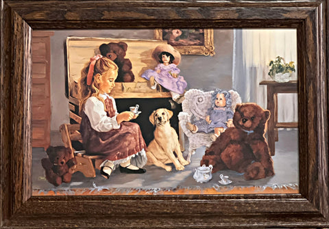 Linda Budge framed Fun Child Puppy Decorator Art Print Tea Party (14.5x10.5)