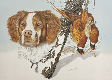 Gene Mlekoday S/N Hunting Dog Print Ah The Good Times Brittany Spaniel with Pheasants (16.5"x12")