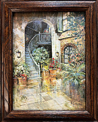 L. Gordon Framed Tropical Courtyard Flower Garden Art Palm Court (11.5x14.5)