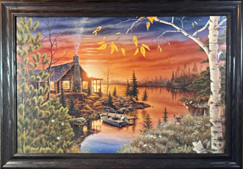 Mark Daehlin Autumn Evening Lake Cabin Art Print-Framed 33x23