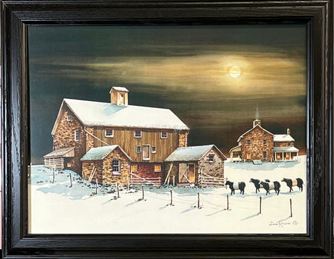 John Rossini Wolf Moon Cow barn and farm studio canvas Framed 19 x 15