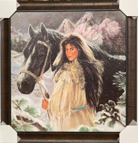 Maija Evening Snow Native American Girl and Horse Framed 27 x 28