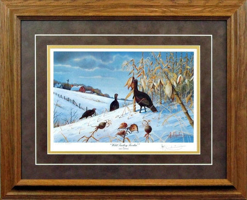 Les Kouba Wild Turkey Feedin S/N Art Print-Framed 21 x 17