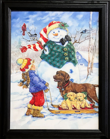 Donna Race Frosty Morning Greeting Holiday Dog Snowman Kids Art Print-Framed 15 x 19