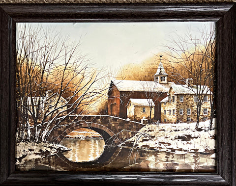 John Rossini Winter Reflections-Brige Barn Art Premium Framed Print 28 x 22