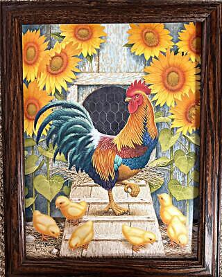 Richard Cowdrey Framed Farm Rooster Art Sunflowers and Chicks (14.5x18.5)