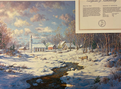 Larry Dyke Frosty Morning Church Deer Small town Art Print- 25.5 x 18,5