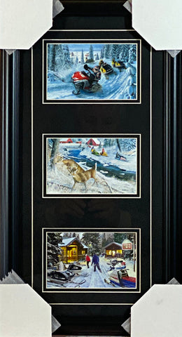 Kevin Daniel Snowmobile Deer Trilogy Art Print-Framed 12 x 22