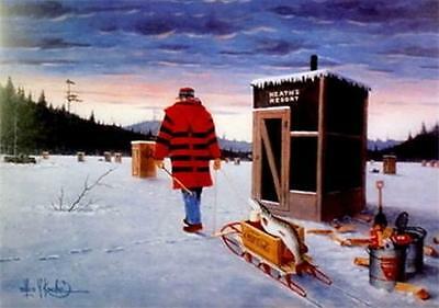 Darkhouse Finale Ice Spearing Print By Les Kouba Artist Proof  21 x 16